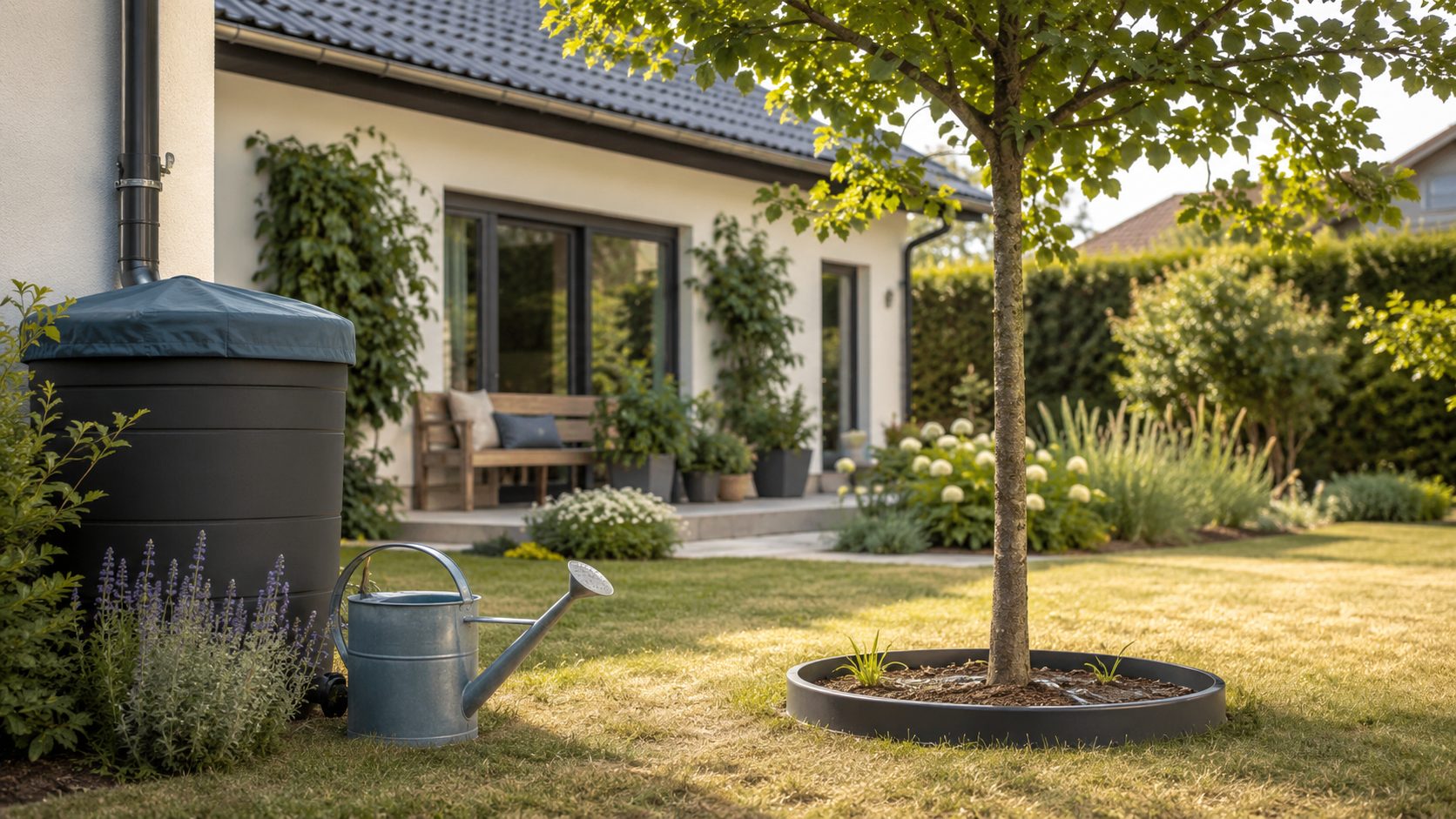 Hausgarten in einer trockenen Sommerphase mit Gießkanne und abgedeckter Regentonne bei leicht gelblichem Rasen