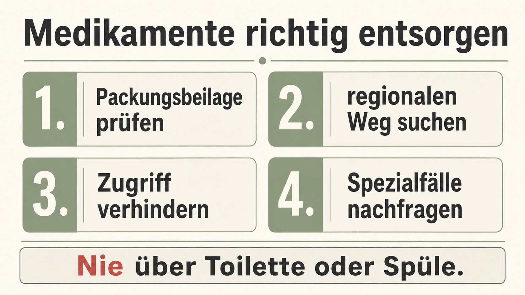 Grafik: Medikamente richtig entsorgen – Packungsbeilage prüfen, regionalen Weg suchen, Zugriff verhindern, Spezialfälle nachfragen