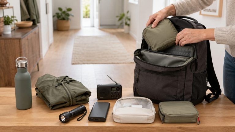 Ein neutraler Notfallrucksack wird in einem hellen Wohnbereich mit Wasserflasche, Kleidung, Licht und Dokumententasche geordnet gepackt