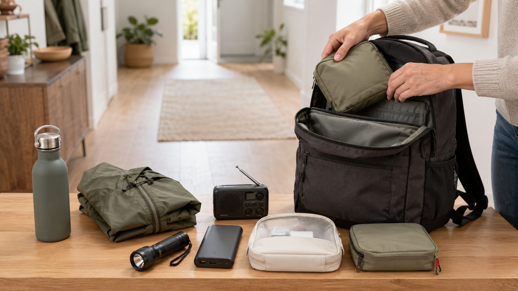 Ein neutraler Notfallrucksack wird in einem hellen Wohnbereich mit Wasserflasche, Kleidung, Licht und Dokumententasche geordnet gepackt