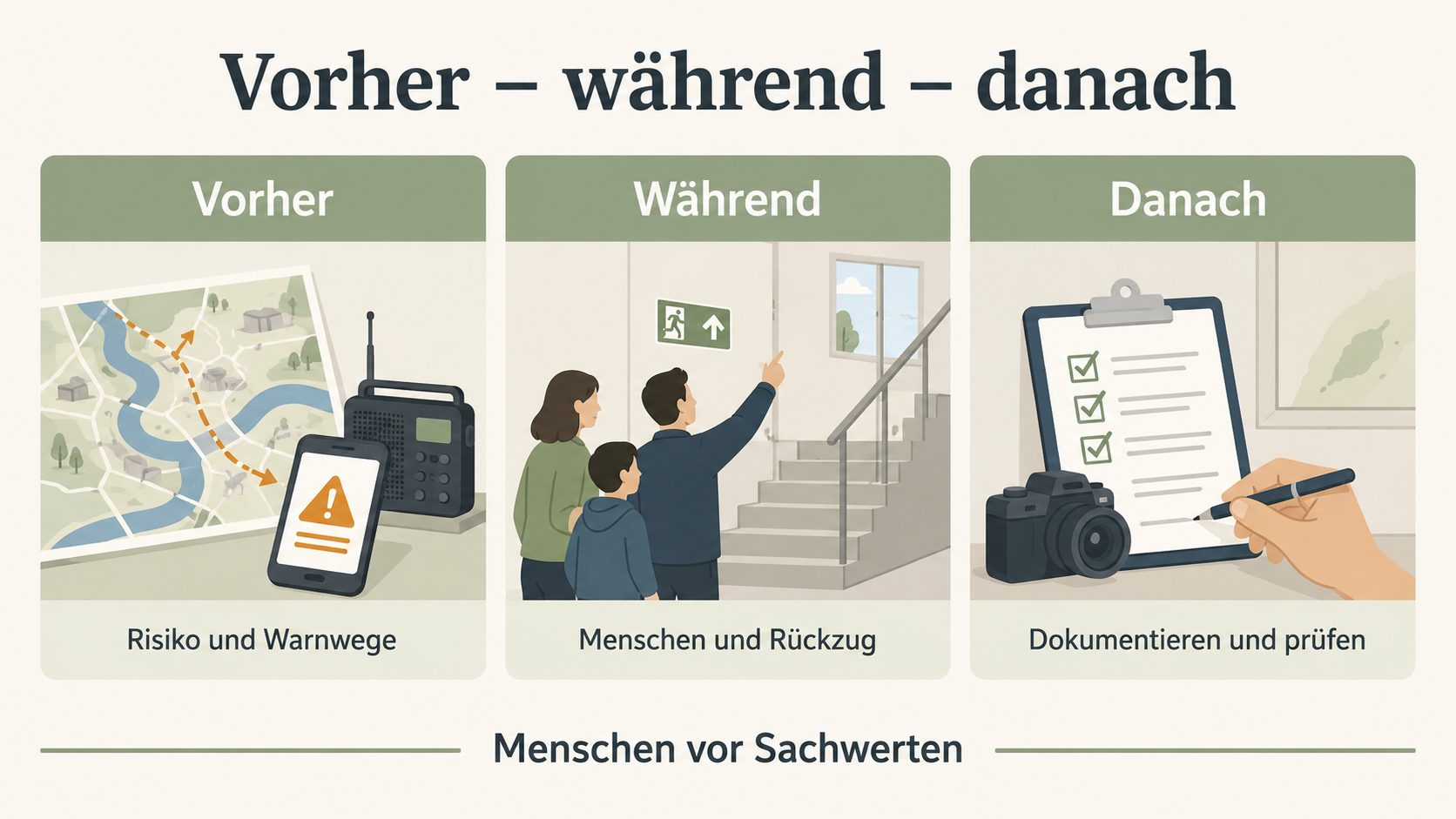Grafik: vorher, während und danach – Risiko und Warnwege, Menschen und Rückzug, dokumentieren und prüfen; Menschen vor Sachwerten