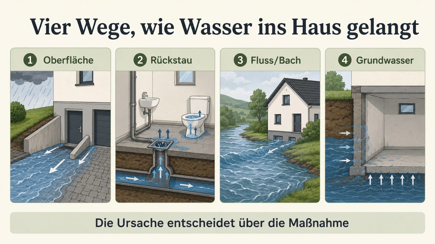 Grafik: vier Wege, wie Wasser ins Haus gelangt – Oberfläche, Rückstau, Fluss und Bach, Grundwasser; die Ursache entscheidet über die Maßnahme