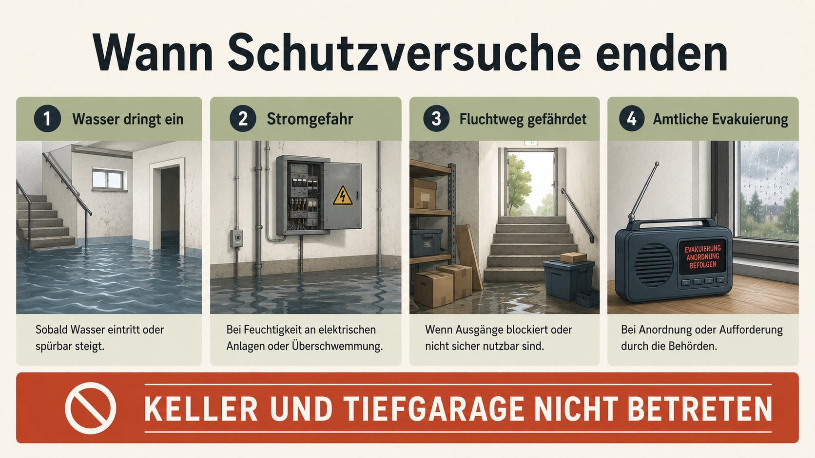 Grafik: Wann Schutzversuche enden – Wasser dringt ein, Stromgefahr, Fluchtweg gefährdet, amtliche Evakuierung; Keller und Tiefgarage nicht betreten