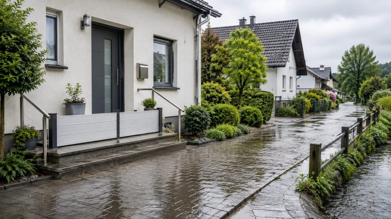 Ein mobiler Hochwasserschutz steht an der Haustür eines Wohnhauses, während Regen die Straße nass macht