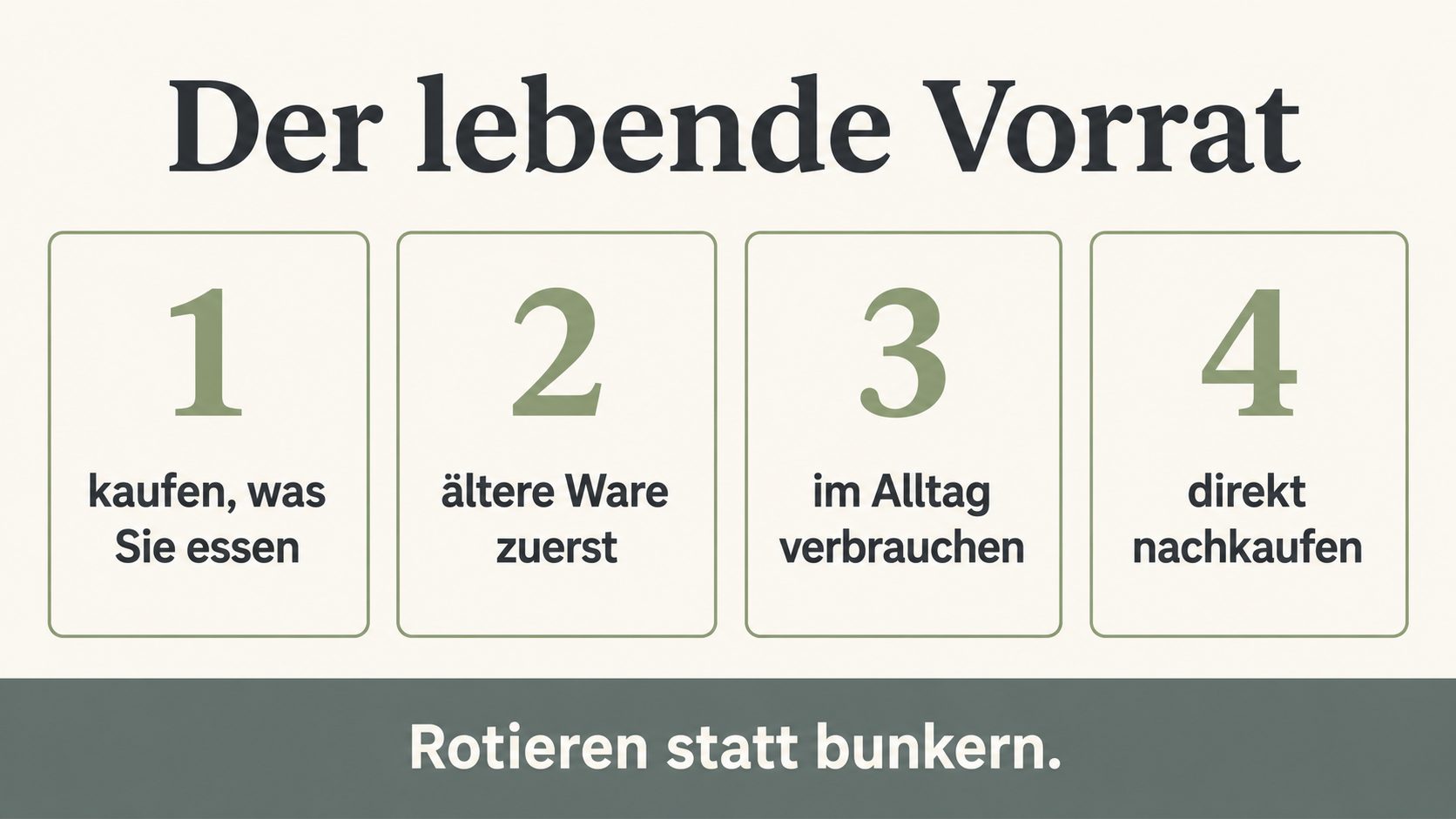 Grafik: der lebende Vorrat – kaufen was Sie essen, ältere Ware zuerst, im Alltag verbrauchen, direkt nachkaufen; rotieren statt bunkern