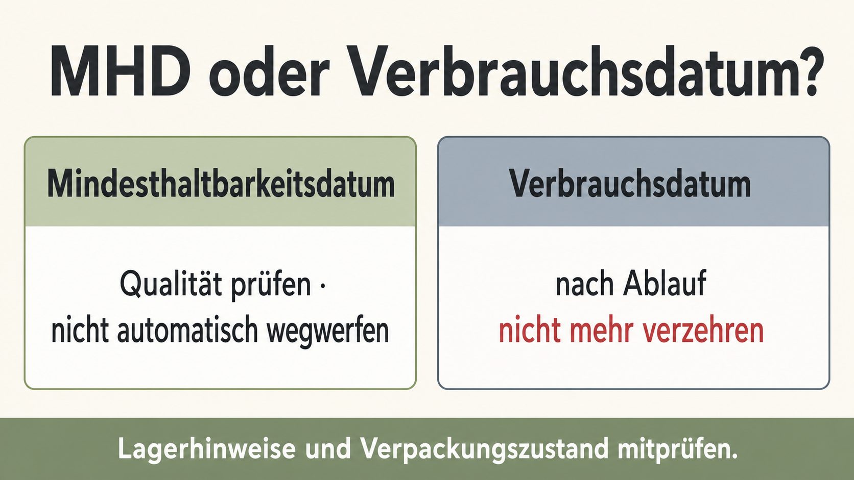 Grafik: MHD oder Verbrauchsdatum – MHD Qualität prüfen und nicht automatisch wegwerfen, Verbrauchsdatum nach Ablauf nicht mehr verzehren