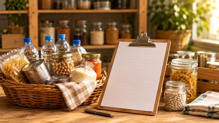Ein Vorratskorb mit haltbaren Lebensmitteln und Wasser steht neben einer leeren Notvorrat-Checkliste in einem hellen Vorratsraum