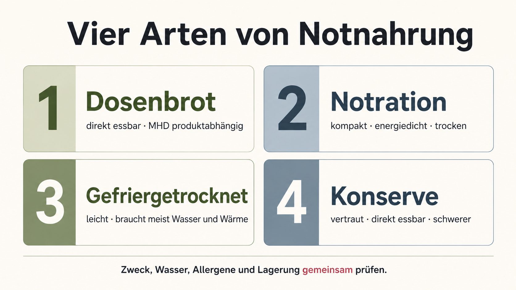Grafik: wann lohnt Spezialnahrung – Situationen wie Notgepäck, kleine Wohnung oder wenig Wasser mit passender Klasse und Empfehlung, normaler Vorrat als Basis