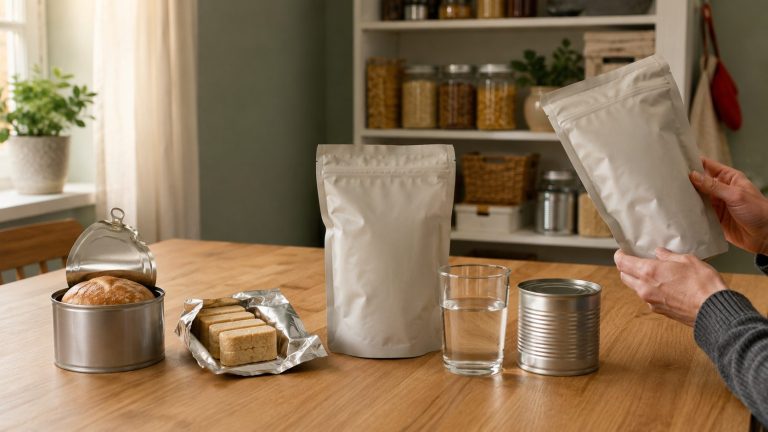 Dosenbrot, kompakte Notration, gefriergetrocknete Mahlzeit und gewöhnliche Konserve werden neutral auf einem hellen Holztisch verglichen