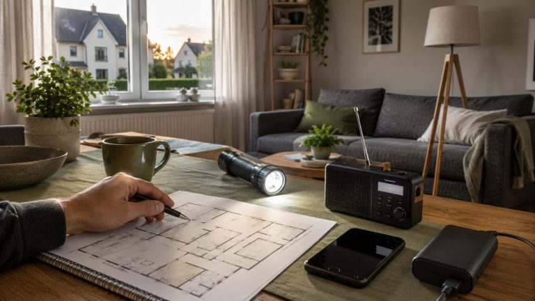 Eine Person prüft in einem hellen Wohnbereich einen ruhigen Stromausfallplan neben Taschenlampe, Radio und Powerbank