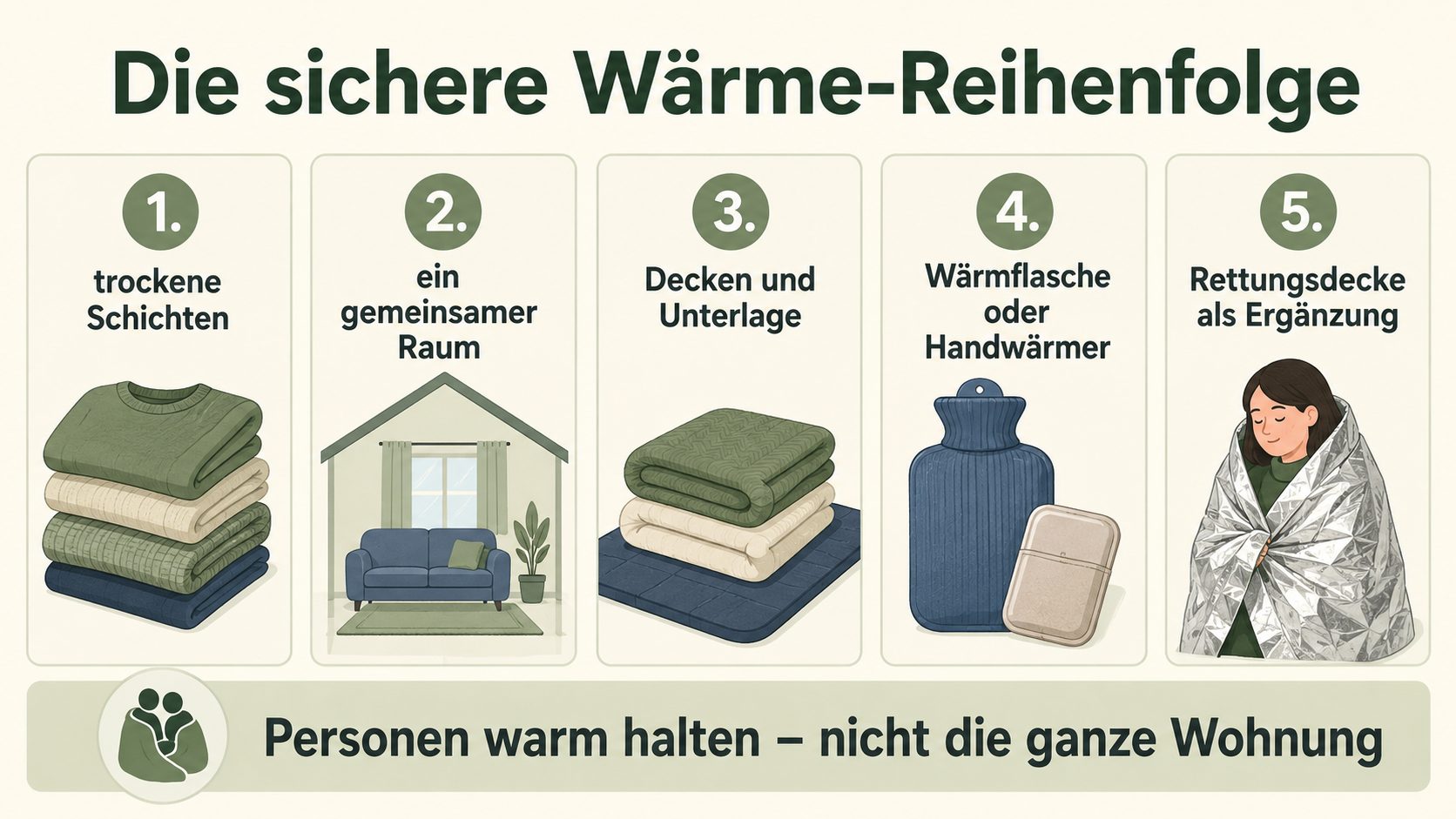 Die sichere Wärme-Reihenfolge: trockene Schichten, ein gemeinsamer Raum, Decken und Unterlage, Wärmflasche oder Handwärmer, Rettungsdecke als Ergänzung