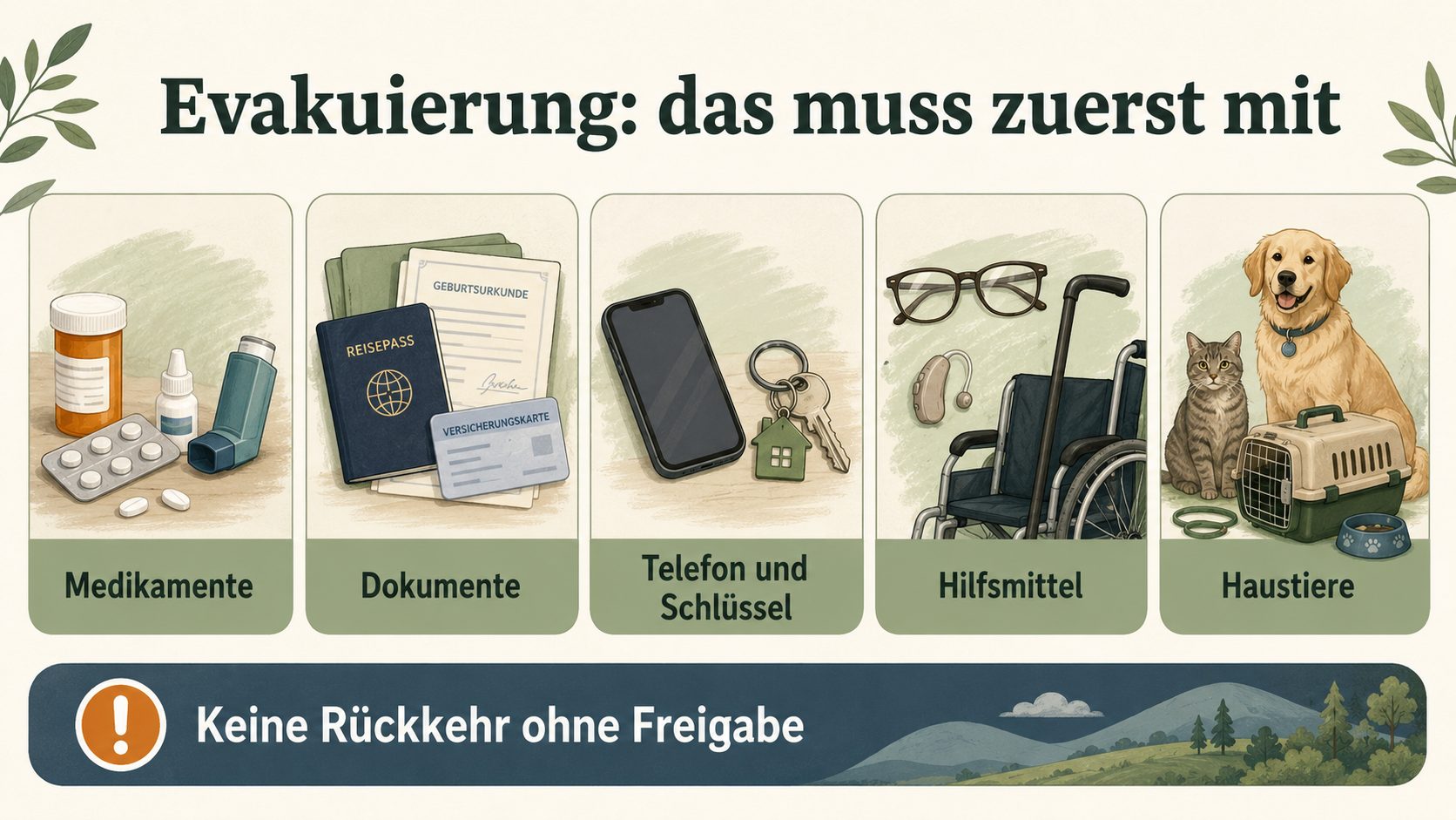Grafik: was bei Evakuierung zuerst mitgeht – Menschen, Medikamente, Dokumente, Schlüssel, Mobiltelefon und Haustiere, während Sachwerte bewusst zurückbleiben