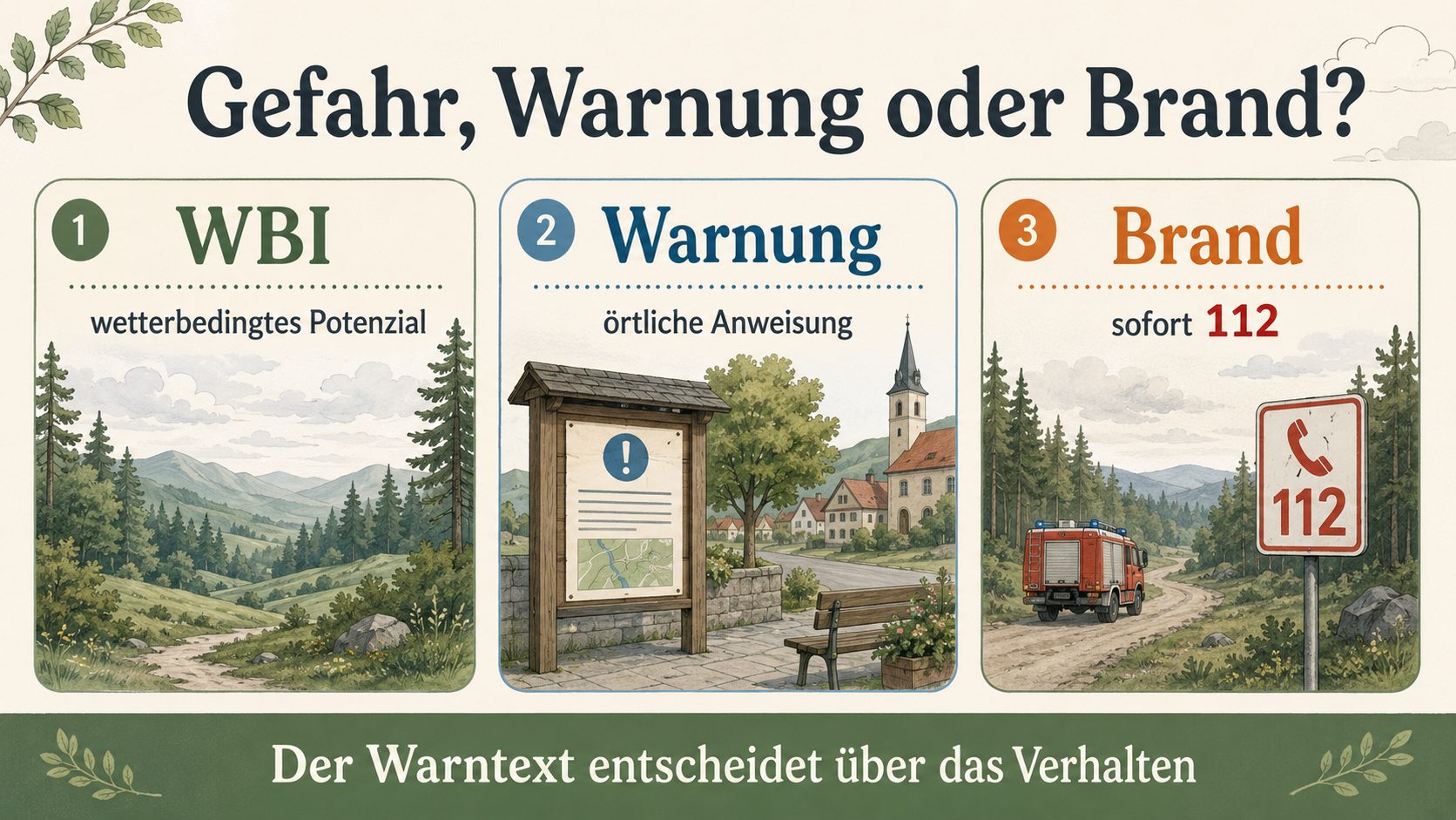 Grafik: Waldbrandgefahrenindex zeigt wetterbedingtes Potenzial, örtliche Gefahrenstufe und Sperre kommen von Landesbehörden, amtliche Warnung und tatsächlicher Brand sind eigene Ebenen