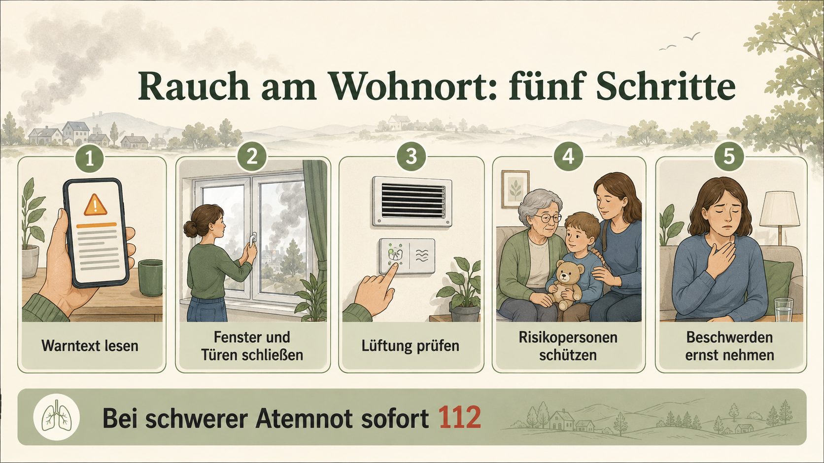 Grafik: fünf Schritte bei Rauch am Wohnort – Warntext lesen, Fenster und Türen schließen, Lüftung nach Vorgabe, raucharmen Raum wählen, nach Entwarnung gezielt lüften