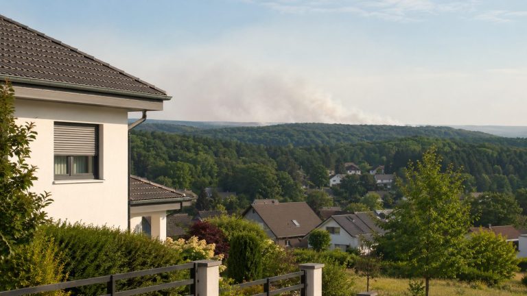 Wohnhaus am Rand einer bewaldeten Landschaft mit fernem Rauchschleier am hellen Himmel