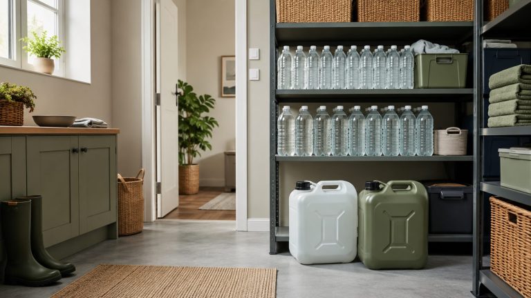 Originalverschlossene Wasserflaschen und handliche Trinkwasserkanister stehen geordnet und gut erreichbar in einem hellen Vorratsraum