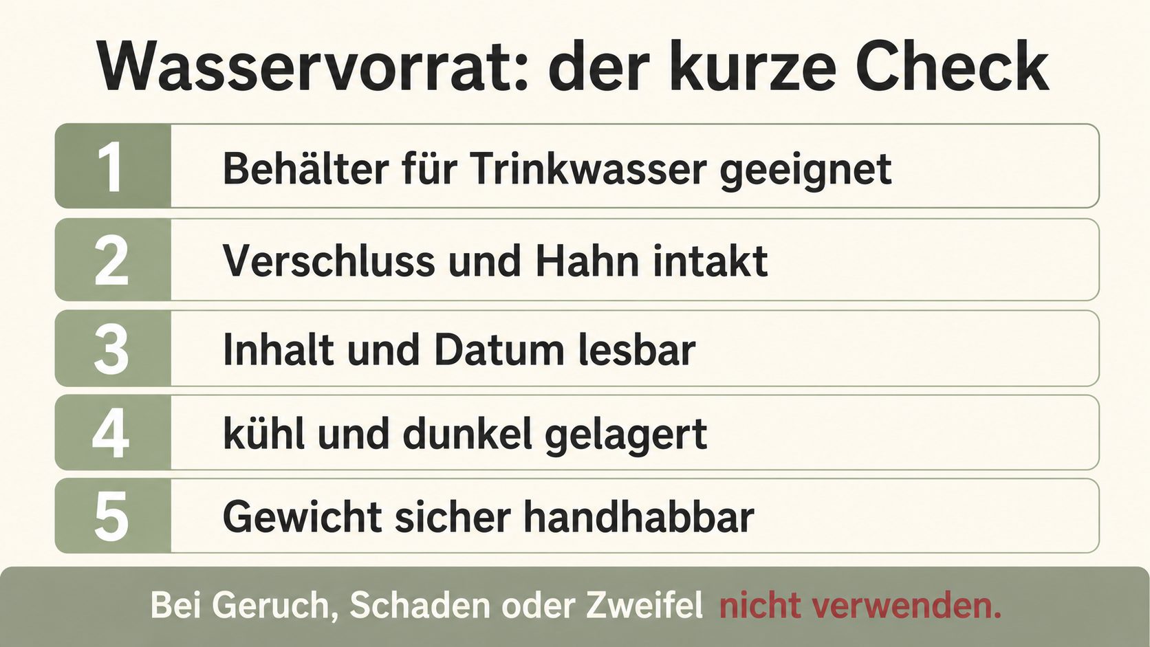 Grafik: Wasservorrat, der kurze Check – Behälter geeignet, Verschluss und Hahn intakt, Inhalt und Datum lesbar, kühl und dunkel gelagert, Gewicht sicher handhabbar